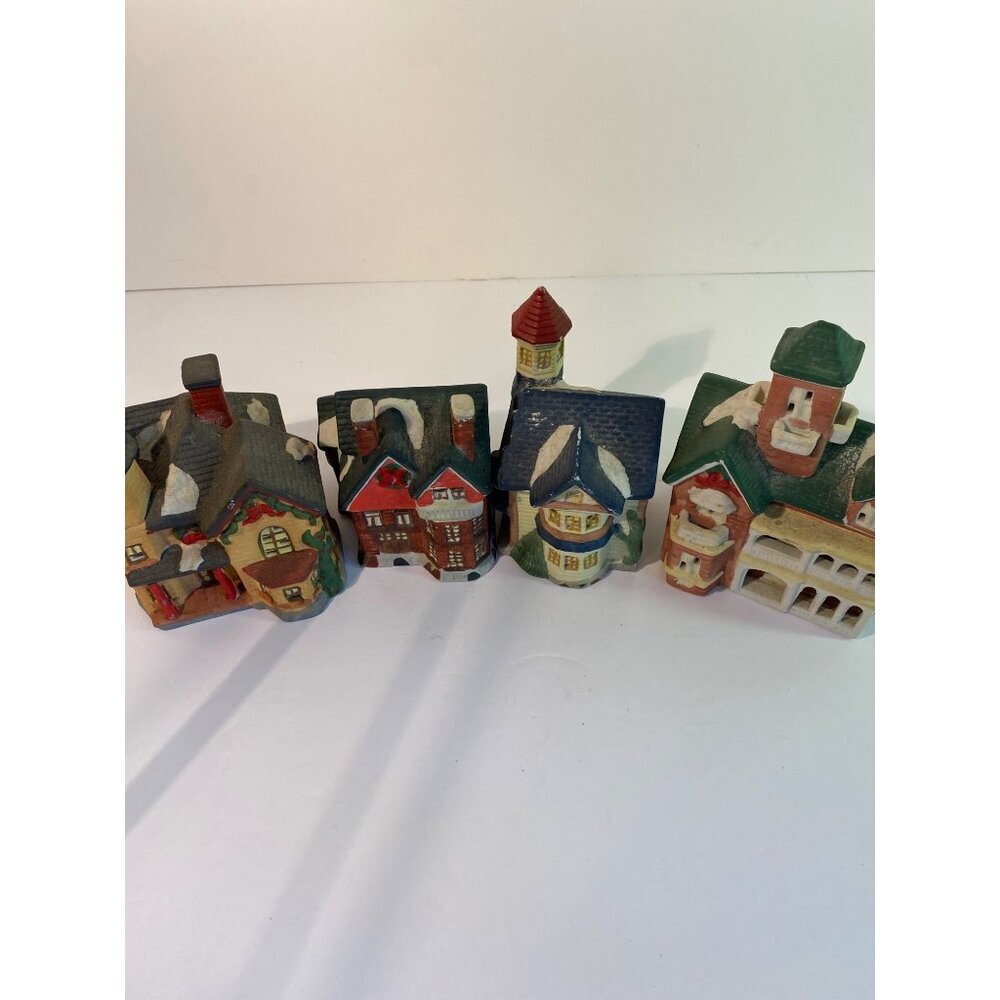 Vintage Ceramic Christmas Village Set Of 4 Decorative Houses With Snow Accents &